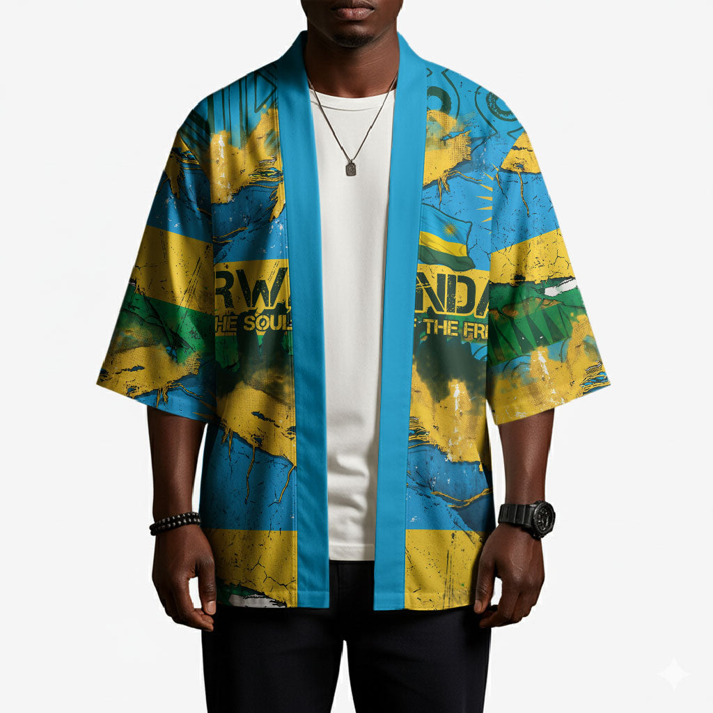 Rwanda Independence Day Kimono Distressed Grunge Flag Design - Broken Chains And 1962 Graphic