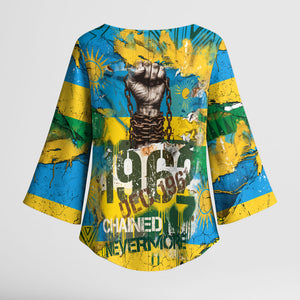 Rwanda Independence Day Kimono Sleeve Blouse Distressed Grunge Flag Design - Broken Chains And 1962 Graphic