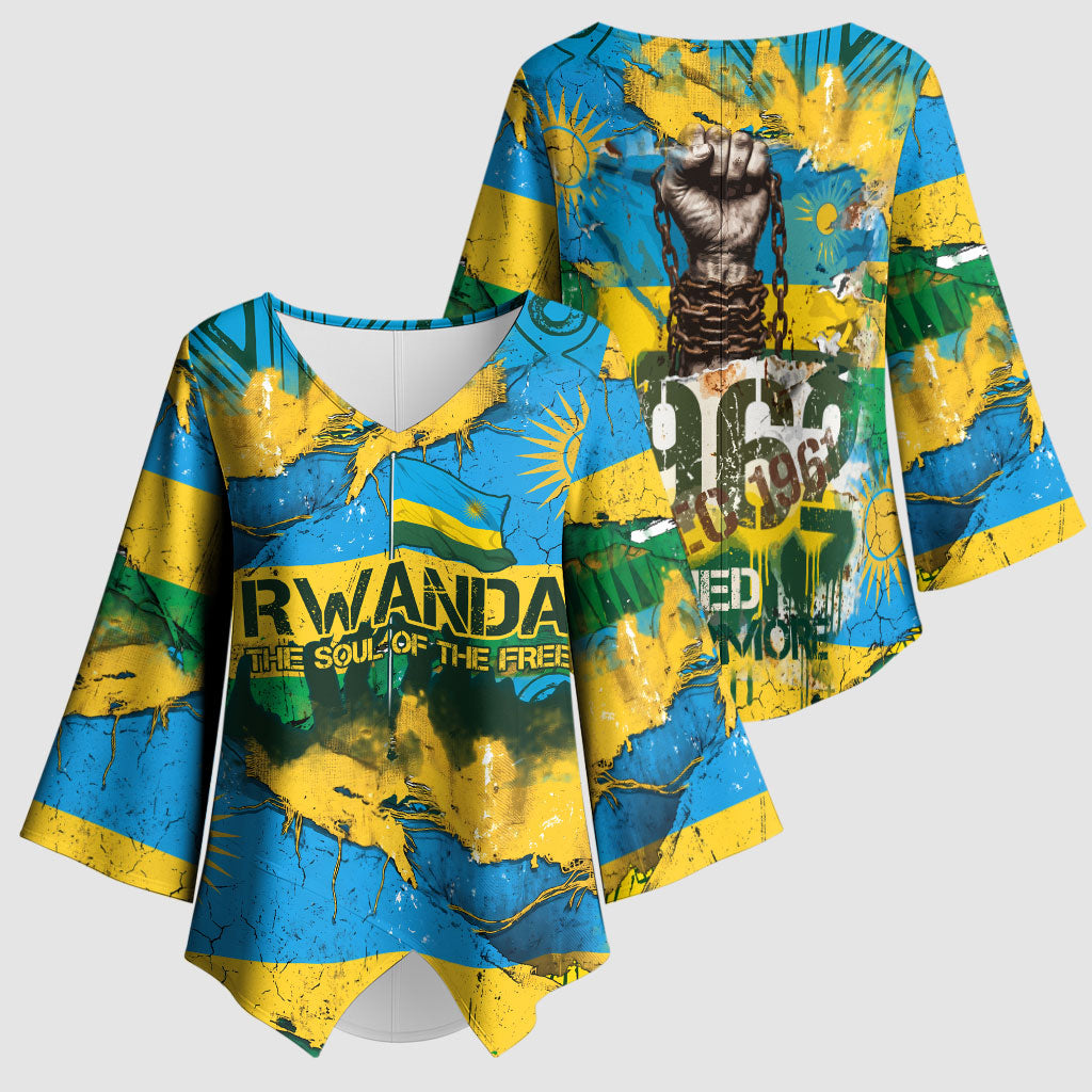 Rwanda Independence Day Kimono Sleeve Blouse Distressed Grunge Flag Design - Broken Chains And 1962 Graphic