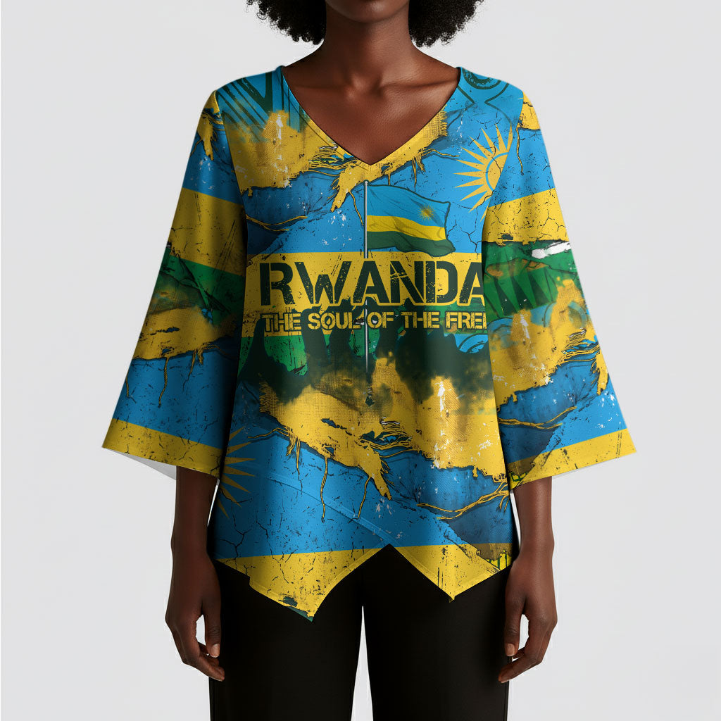 Rwanda Independence Day Kimono Sleeve Blouse Distressed Grunge Flag Design - Broken Chains And 1962 Graphic