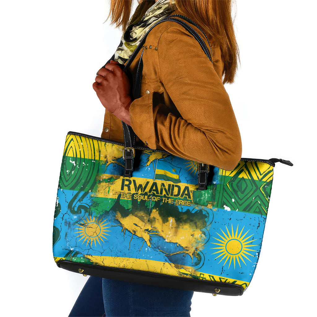 Rwanda Independence Day Leather Tote Bag Distressed Grunge Flag Design - Broken Chains And 1962 Graphic