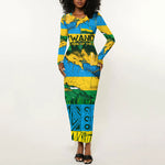 Rwanda Independence Day Long Sleeve Bodycon Dress Distressed Grunge Flag Design - Broken Chains And 1962 Graphic