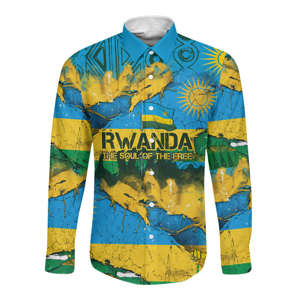 Rwanda Independence Day Long Sleeve Button Shirt Distressed Grunge Flag Design - Broken Chains And 1962 Graphic