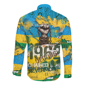 Rwanda Independence Day Long Sleeve Button Shirt Distressed Grunge Flag Design - Broken Chains And 1962 Graphic