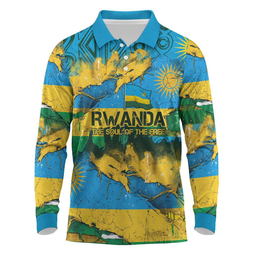 Rwanda Independence Day Long Sleeve Polo Shirt Distressed Grunge Flag Design - Broken Chains And 1962 Graphic