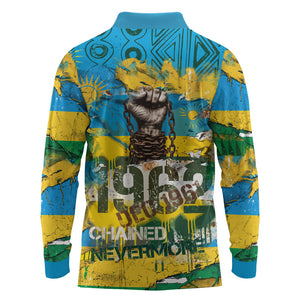 Rwanda Independence Day Long Sleeve Polo Shirt Distressed Grunge Flag Design - Broken Chains And 1962 Graphic
