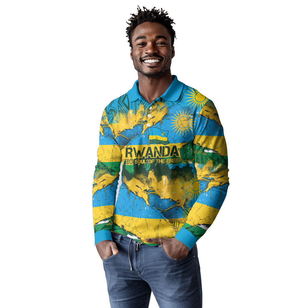 Rwanda Independence Day Long Sleeve Polo Shirt Distressed Grunge Flag Design - Broken Chains And 1962 Graphic