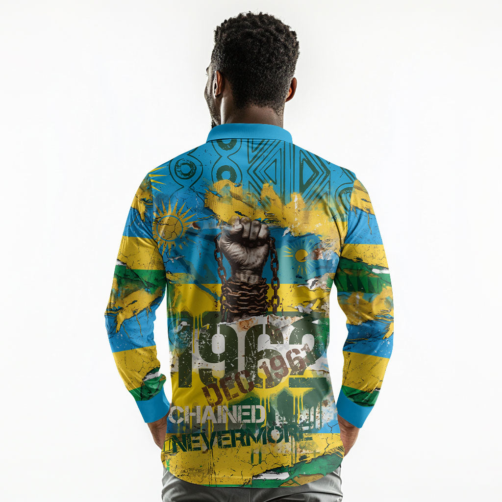 Rwanda Independence Day Long Sleeve Polo Shirt Distressed Grunge Flag Design - Broken Chains And 1962 Graphic