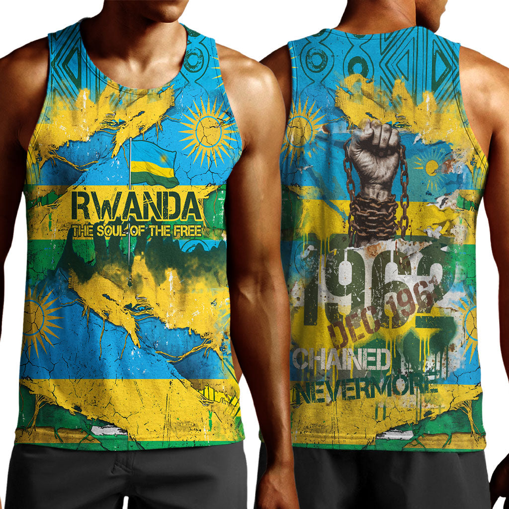 Rwanda Independence Day Men Tank Top Distressed Grunge Flag Design - Broken Chains And 1962 Graphic