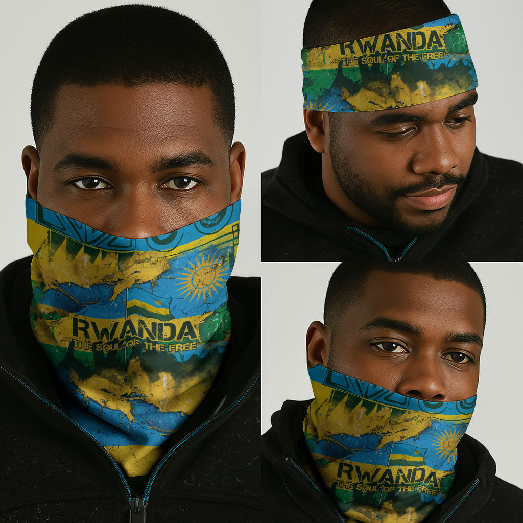 Rwanda Independence Day Neck Gaiter Distressed Grunge Flag Design - Broken Chains And 1962 Graphic