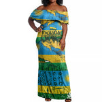 Rwanda Independence Day Off Shoulder Maxi Dress Distressed Grunge Flag Design - Broken Chains And 1962 Graphic