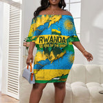 Rwanda Independence Day Off Shoulder Short Dress Distressed Grunge Flag Design - Broken Chains And 1962 Graphic