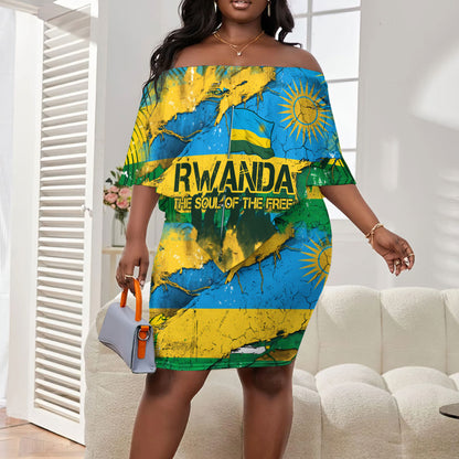 Rwanda Independence Day Off Shoulder Short Dress Distressed Grunge Flag Design - Broken Chains And 1962 Graphic