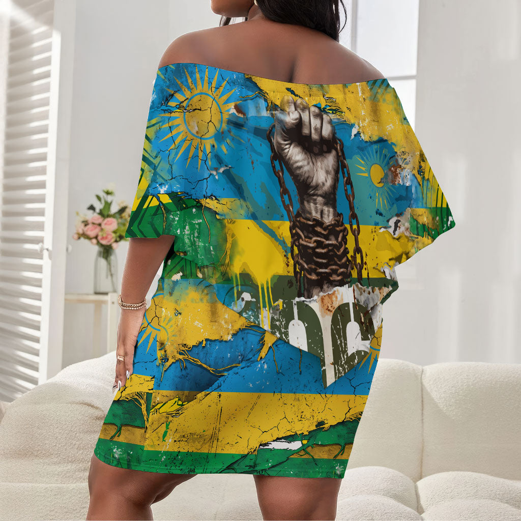 Rwanda Independence Day Off Shoulder Short Dress Distressed Grunge Flag Design - Broken Chains And 1962 Graphic