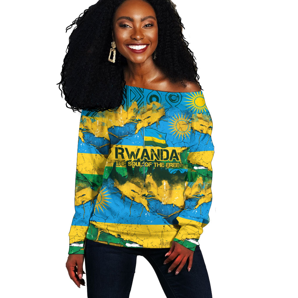 Rwanda Independence Day Off Shoulder Sweater Distressed Grunge Flag Design - Broken Chains And 1962 Graphic