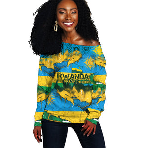 Rwanda Independence Day Off Shoulder Sweater Distressed Grunge Flag Design - Broken Chains And 1962 Graphic