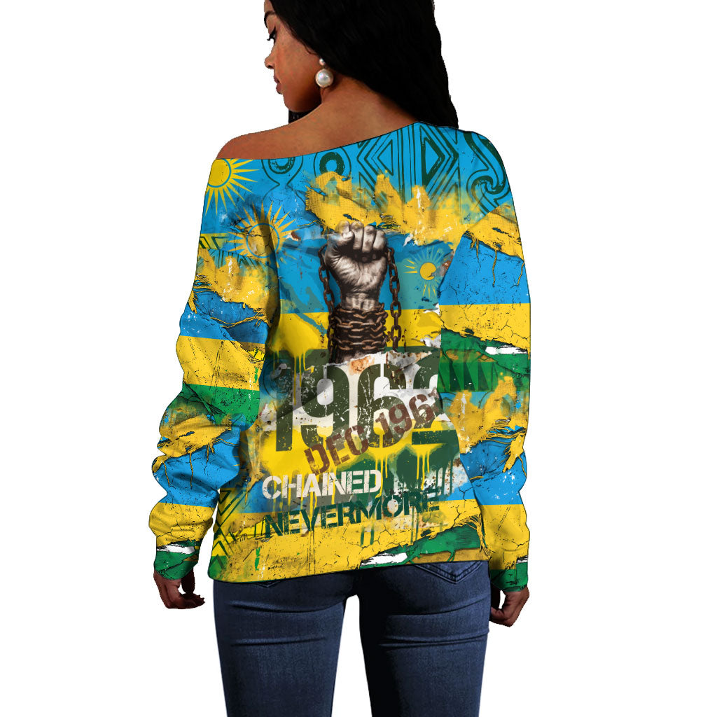 Rwanda Independence Day Off Shoulder Sweater Distressed Grunge Flag Design - Broken Chains And 1962 Graphic