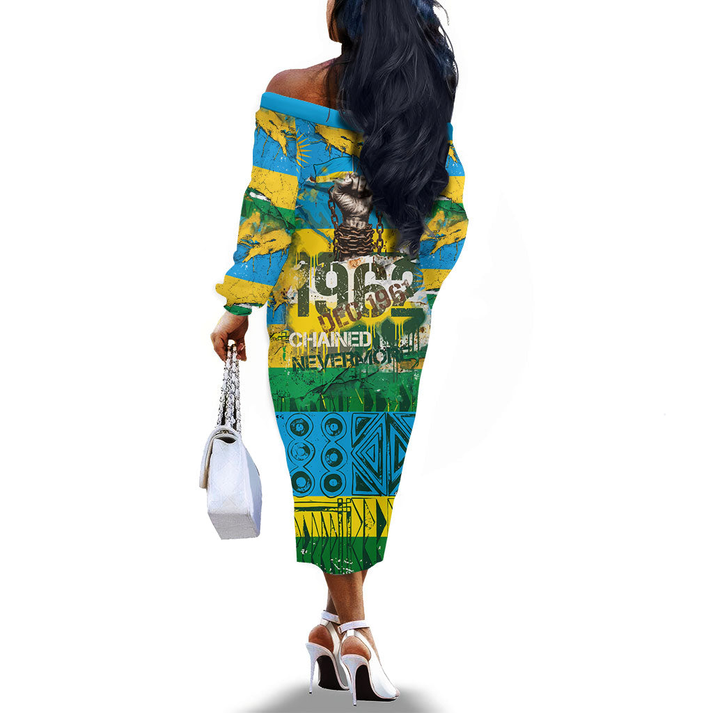 Rwanda Independence Day Off The Shoulder Long Sleeve Dress Distressed Grunge Flag Design - Broken Chains And 1962 Graphic