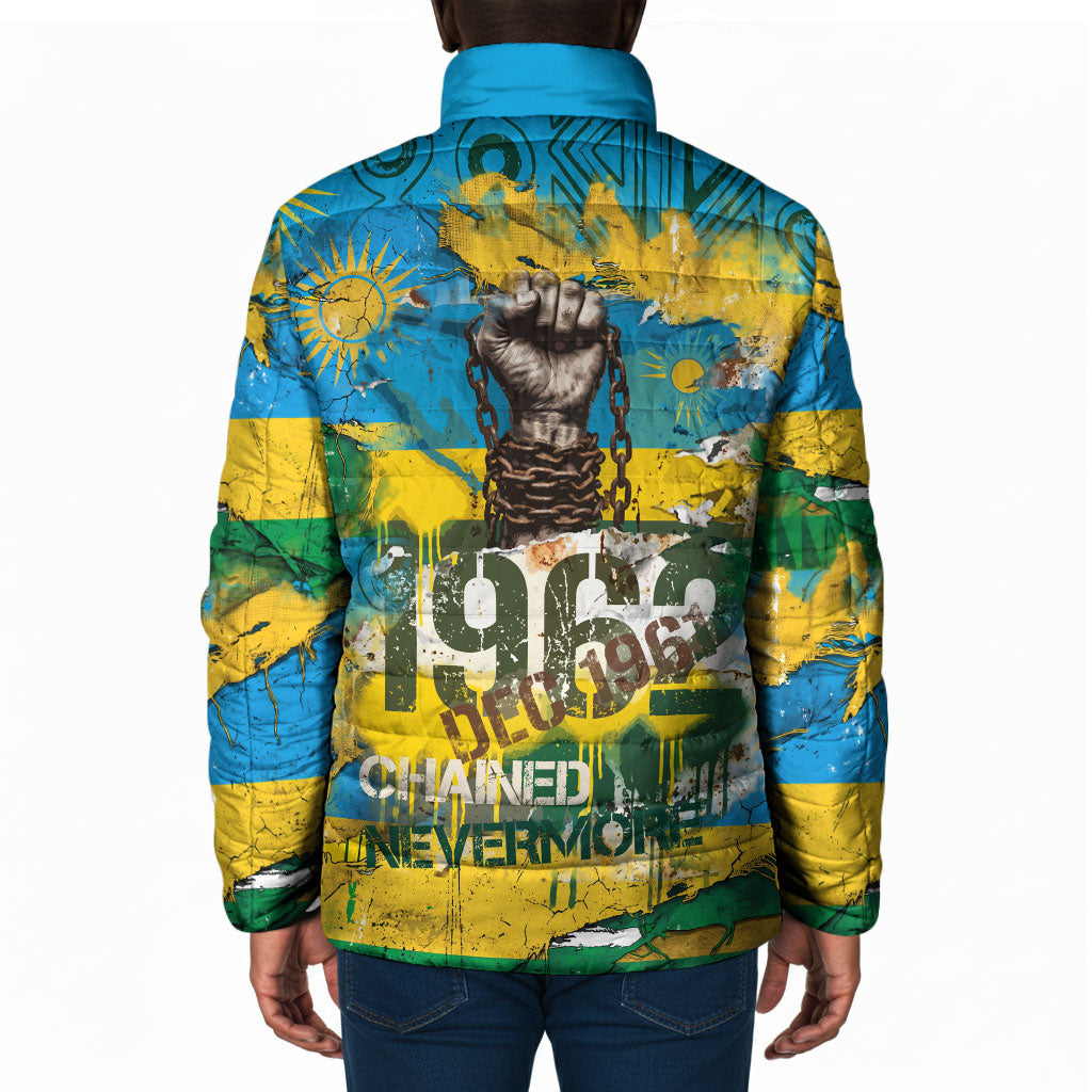Rwanda Independence Day Padded Jacket Distressed Grunge Flag Design - Broken Chains And 1962 Graphic