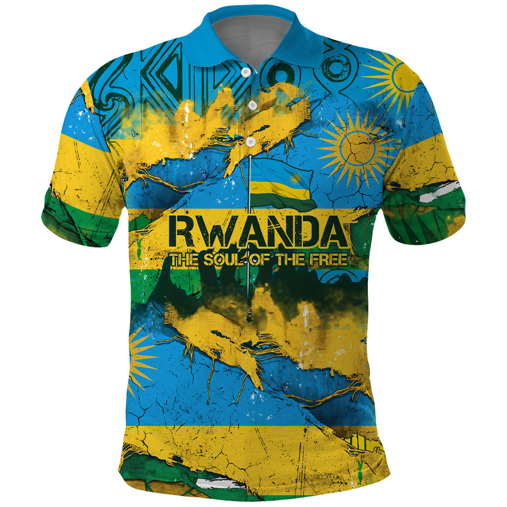Rwanda Independence Day Polo Shirt Distressed Grunge Flag Design - Broken Chains And 1962 Graphic