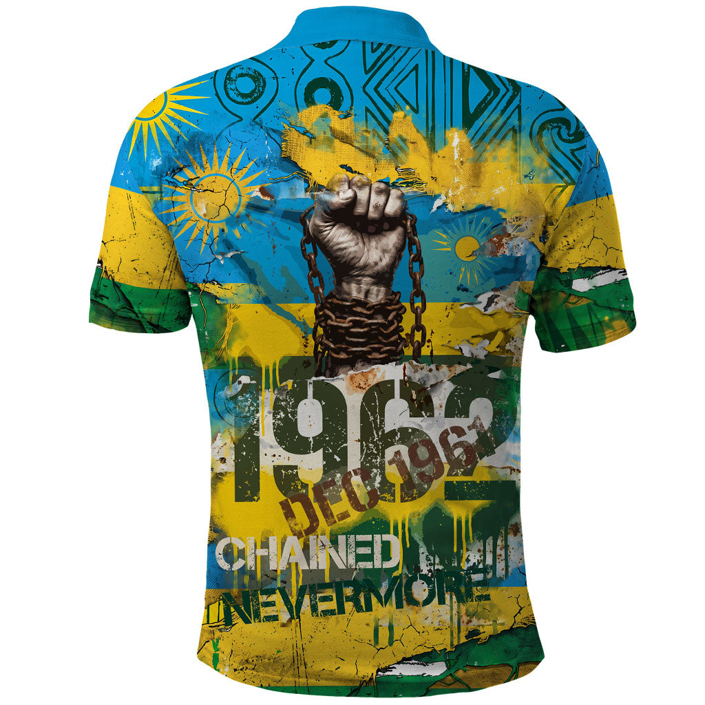 Rwanda Independence Day Polo Shirt Distressed Grunge Flag Design - Broken Chains And 1962 Graphic