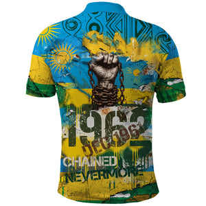 Rwanda Independence Day Polo Shirt Distressed Grunge Flag Design - Broken Chains And 1962 Graphic