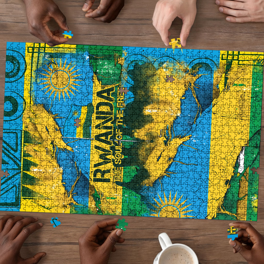 Rwanda Independence Day Puzzle Distressed Grunge Flag Design - Broken Chains And 1962 Graphic