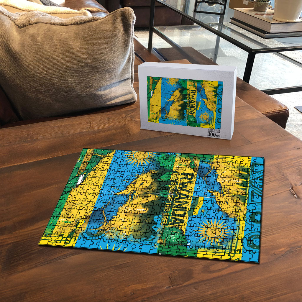 Rwanda Independence Day Puzzle Distressed Grunge Flag Design - Broken Chains And 1962 Graphic