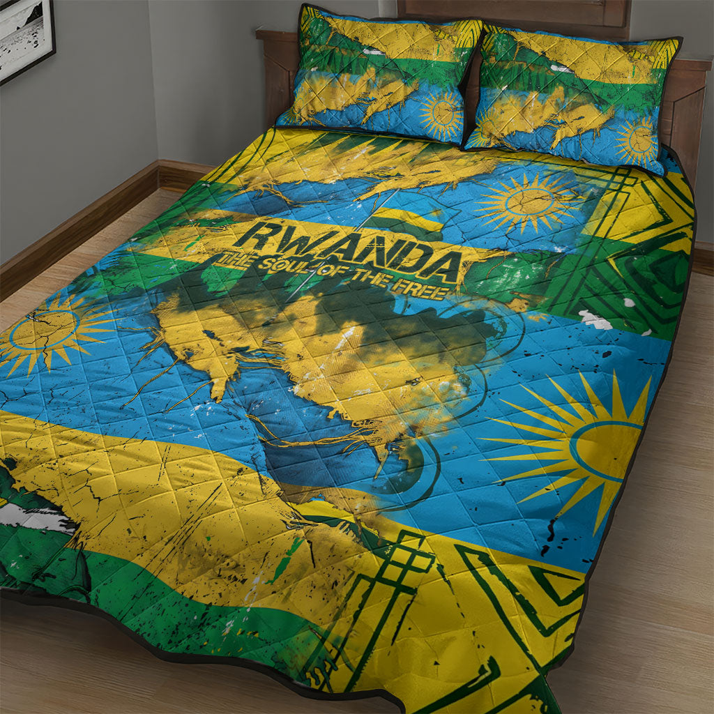 Rwanda Independence Day Quilt Bed Set Distressed Grunge Flag Design - Broken Chains And 1962 Graphic