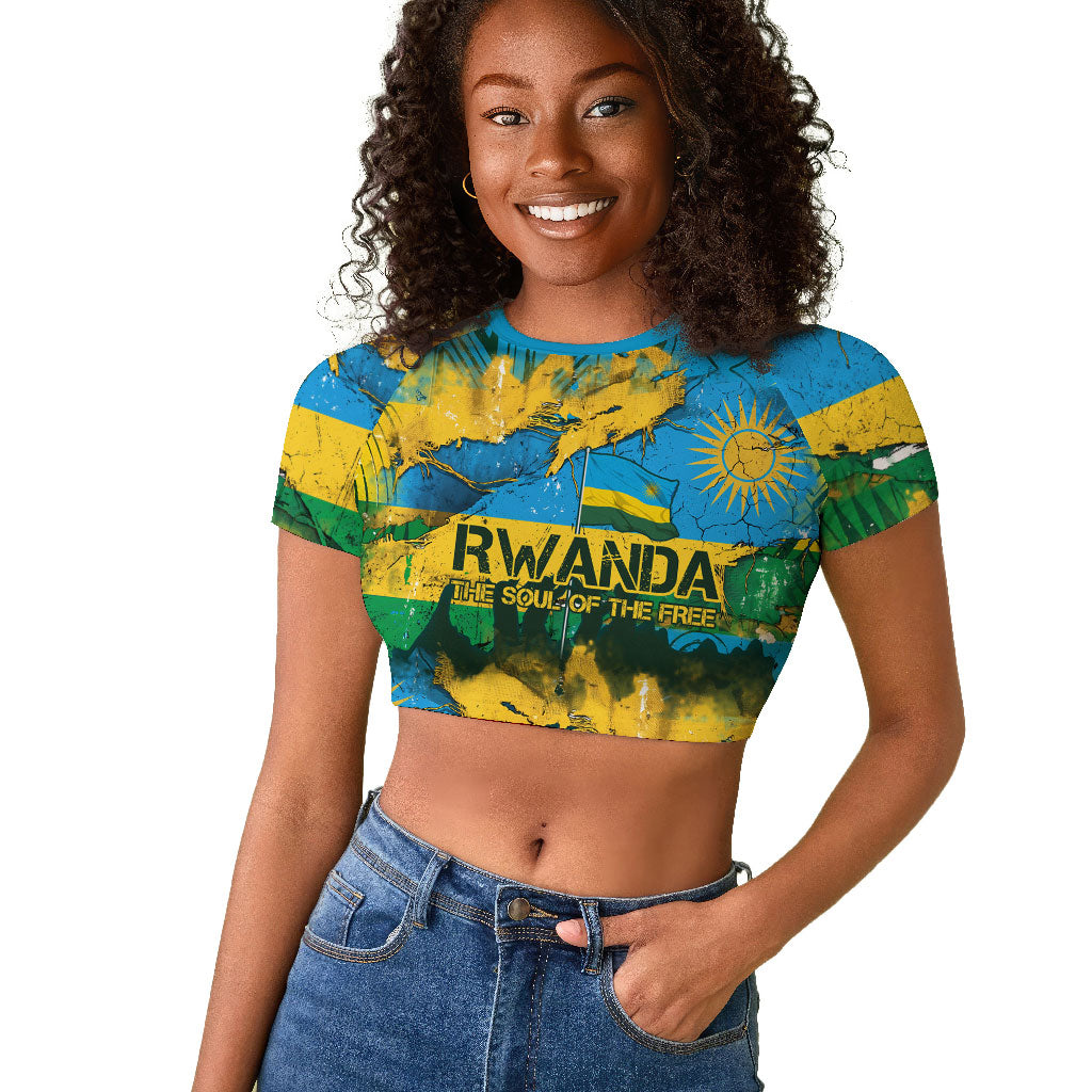 Rwanda Independence Day Raglan Cropped T shirt Distressed Grunge Flag Design - Broken Chains And 1962 Graphic