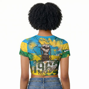Rwanda Independence Day Raglan Cropped T shirt Distressed Grunge Flag Design - Broken Chains And 1962 Graphic