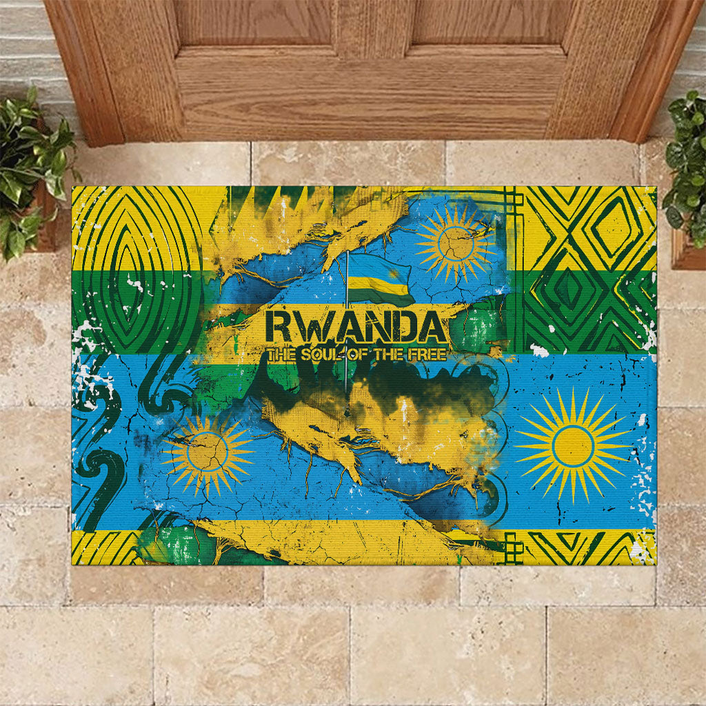 Rwanda Independence Day Rubber Doormat Distressed Grunge Flag Design - Broken Chains And 1962 Graphic