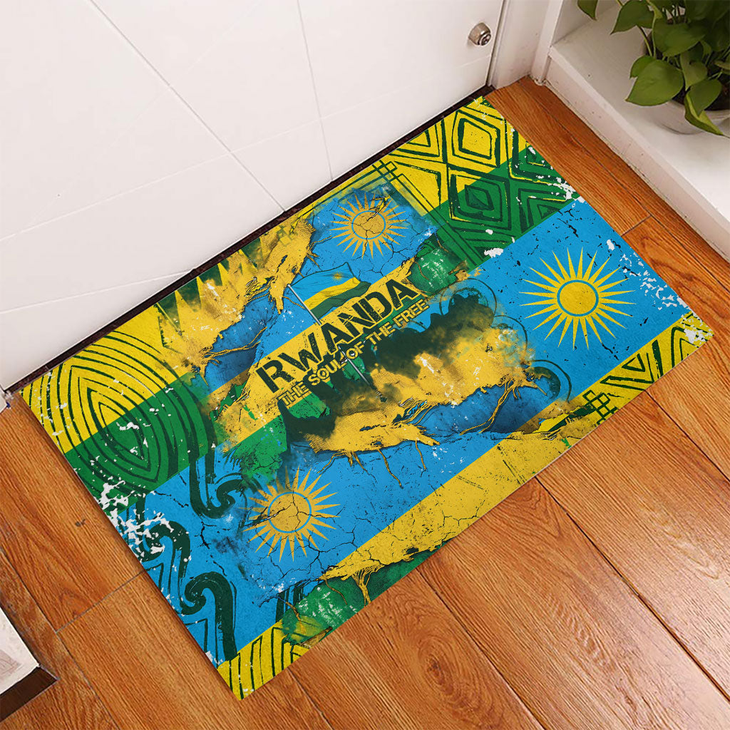 Rwanda Independence Day Rubber Doormat Distressed Grunge Flag Design - Broken Chains And 1962 Graphic