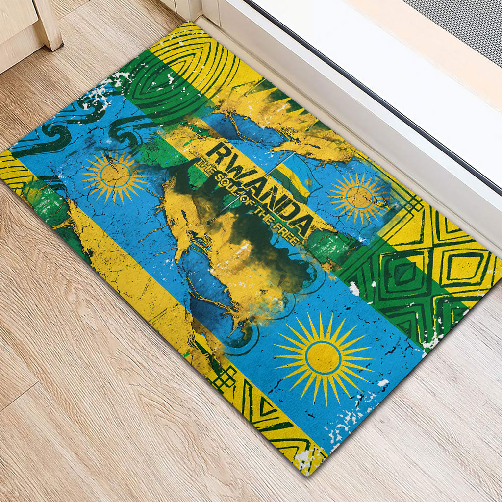 Rwanda Independence Day Rubber Doormat Distressed Grunge Flag Design - Broken Chains And 1962 Graphic