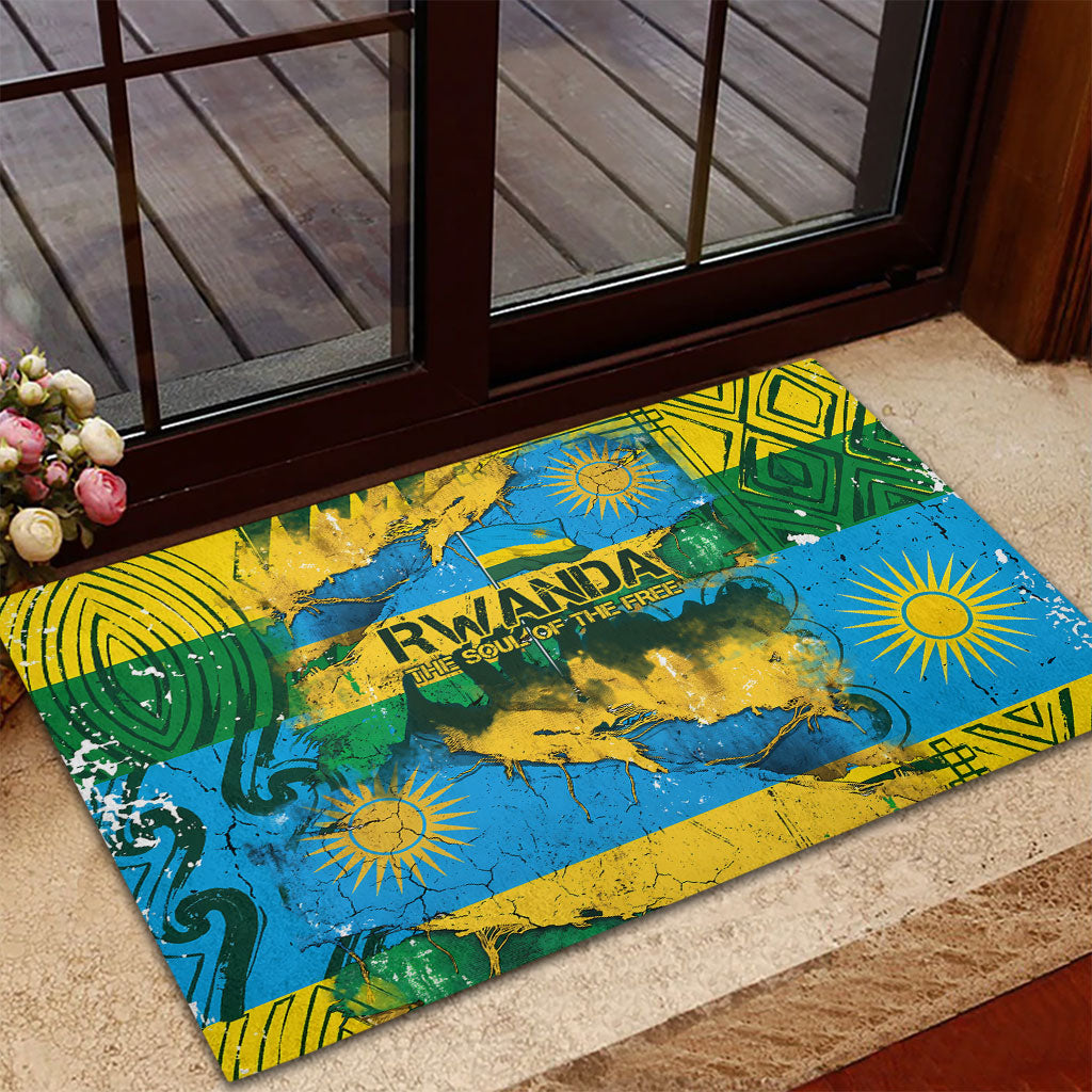 Rwanda Independence Day Rubber Doormat Distressed Grunge Flag Design - Broken Chains And 1962 Graphic