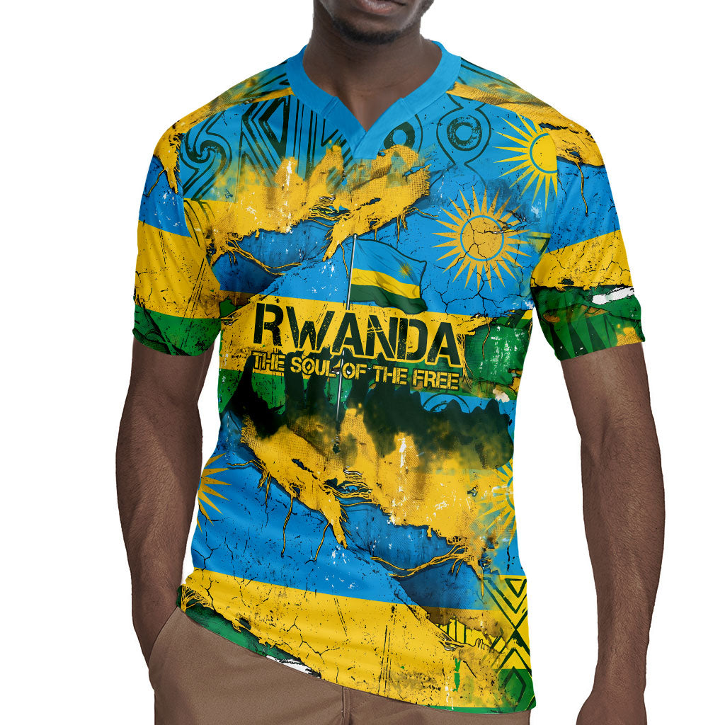 Rwanda Independence Day Rugby Jersey Distressed Grunge Flag Design - Broken Chains And 1962 Graphic