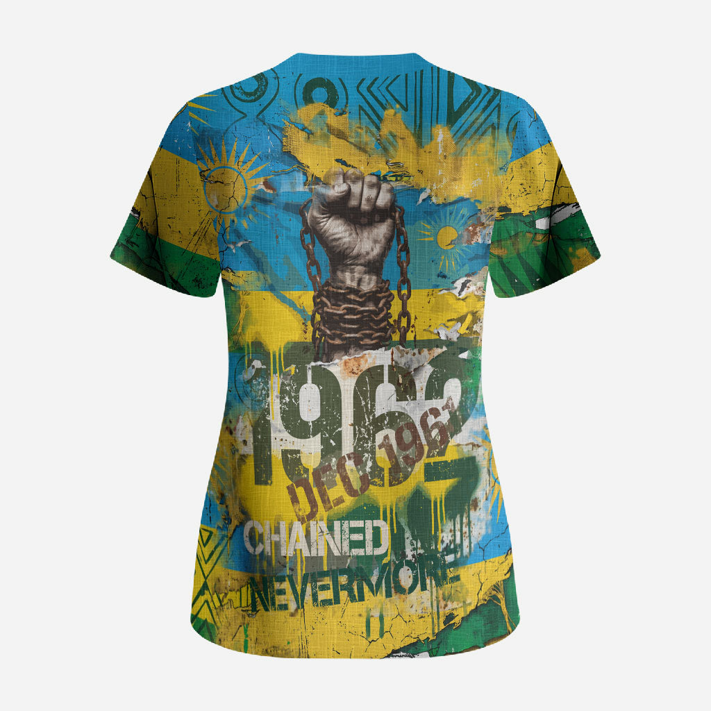 Rwanda Independence Day Scrub Top Distressed Grunge Flag Design - Broken Chains And 1962 Graphic