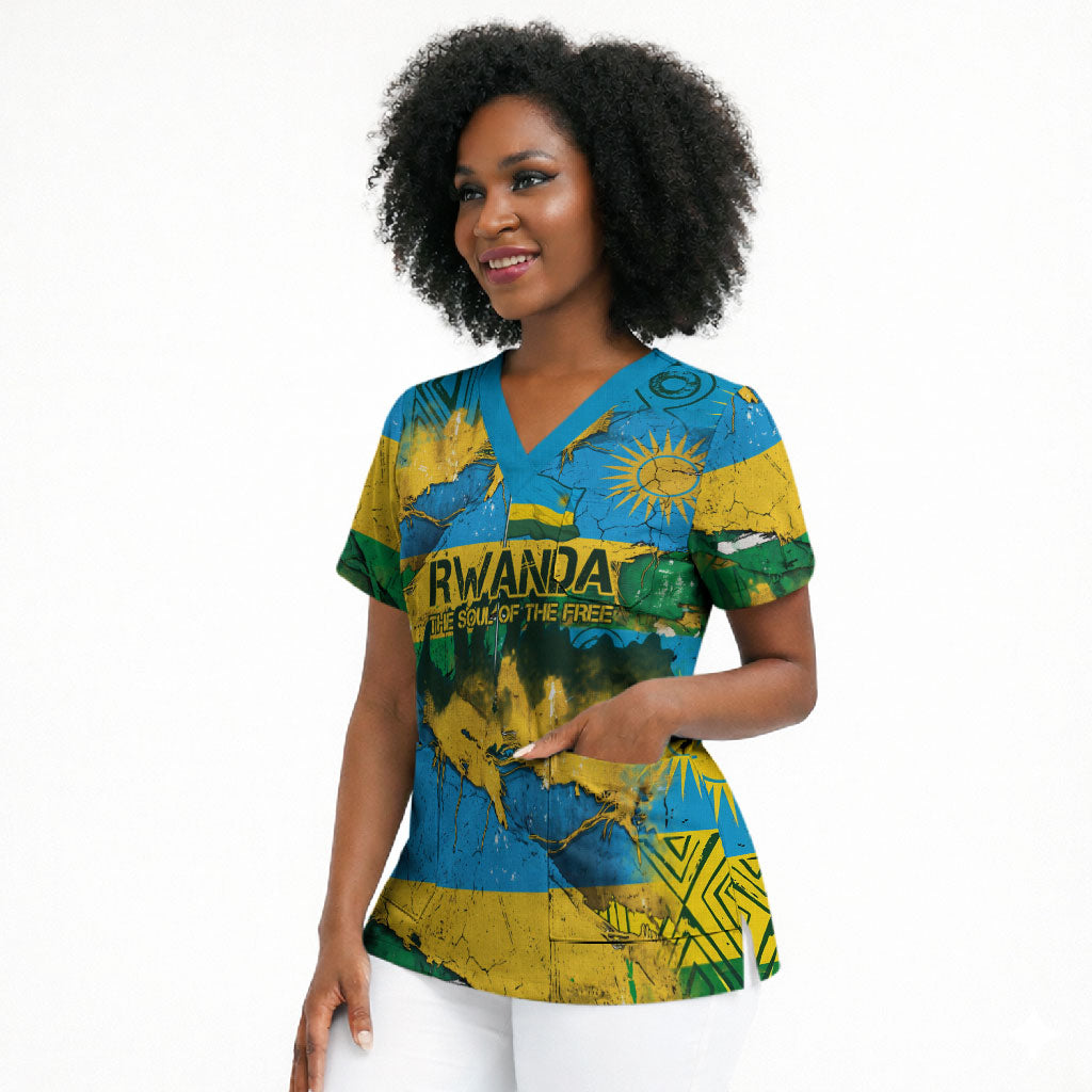 Rwanda Independence Day Scrub Top Distressed Grunge Flag Design - Broken Chains And 1962 Graphic