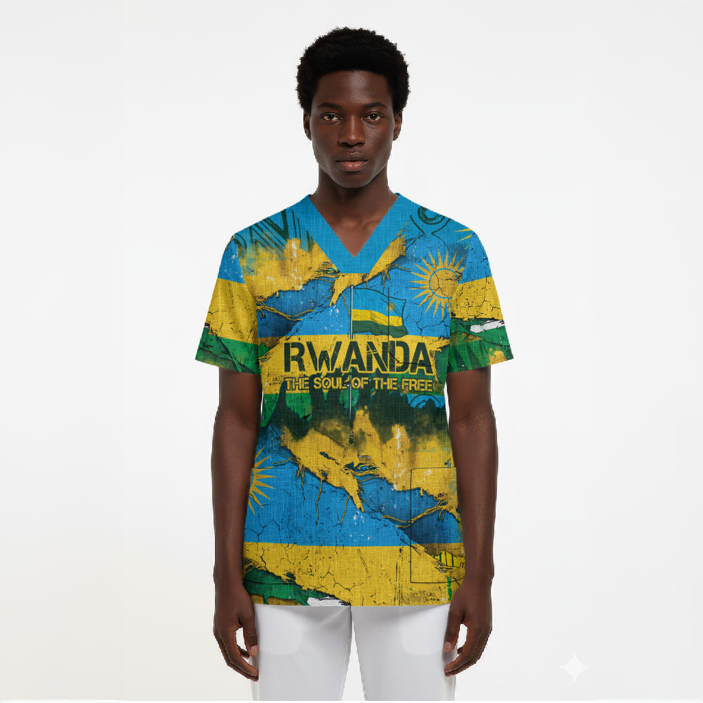 Rwanda Independence Day Scrub Top Distressed Grunge Flag Design - Broken Chains And 1962 Graphic