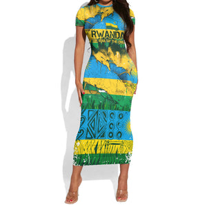 Rwanda Independence Day Short Sleeve Bodycon Dress Distressed Grunge Flag Design - Broken Chains And 1962 Graphic