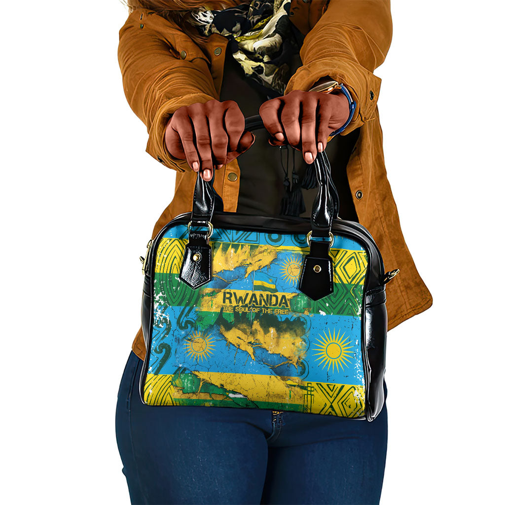 Rwanda Independence Day Shoulder Handbag Distressed Grunge Flag Design - Broken Chains And 1962 Graphic