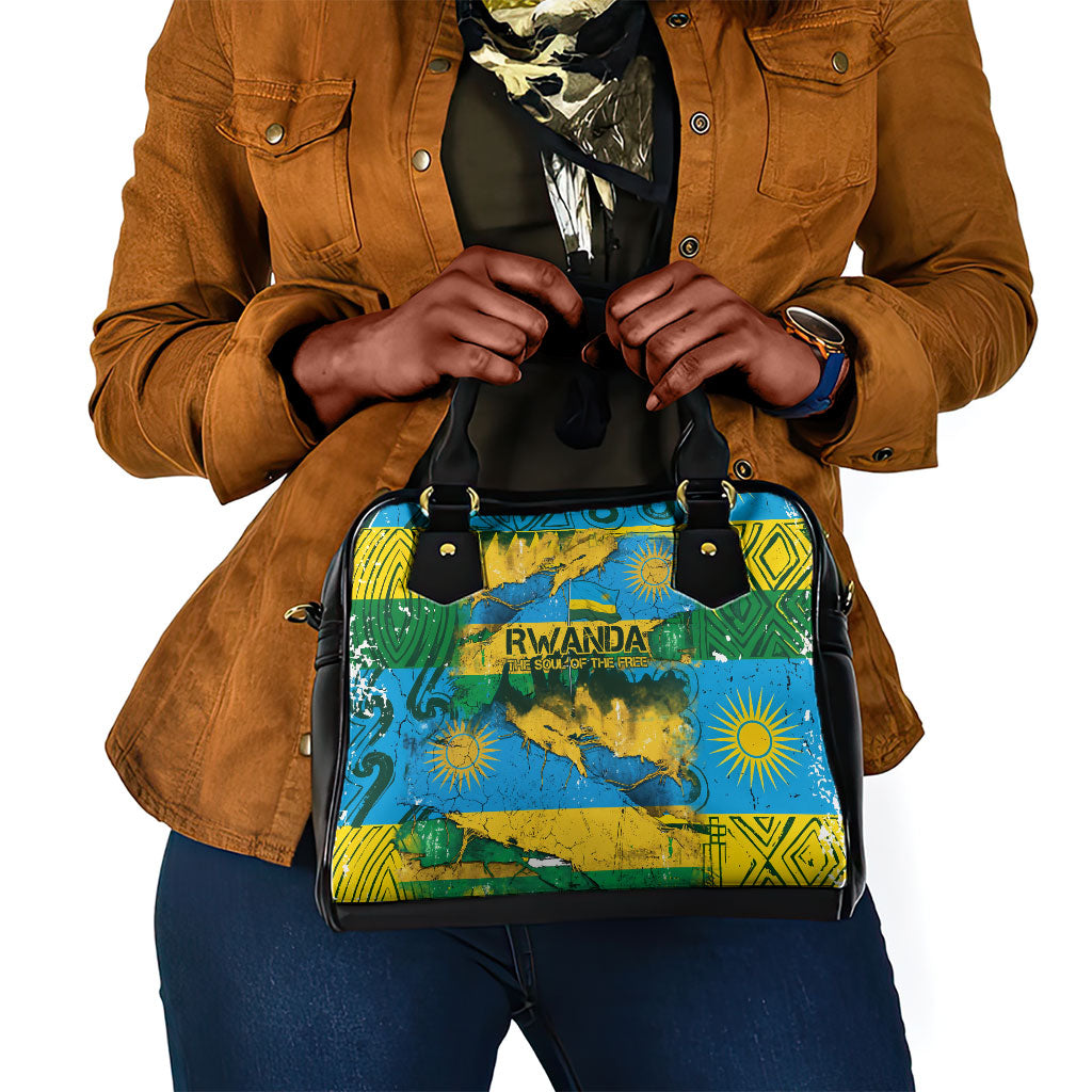 Rwanda Independence Day Shoulder Handbag Distressed Grunge Flag Design - Broken Chains And 1962 Graphic