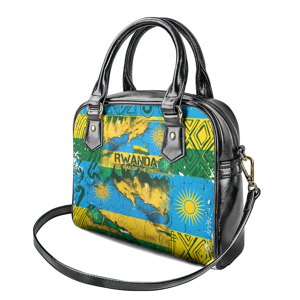 Rwanda Independence Day Shoulder Handbag Distressed Grunge Flag Design - Broken Chains And 1962 Graphic