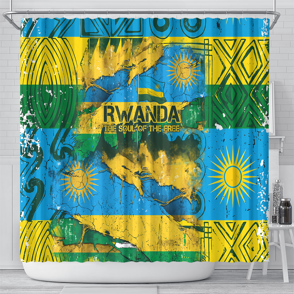 Rwanda Independence Day Shower Curtain Distressed Grunge Flag Design - Broken Chains And 1962 Graphic