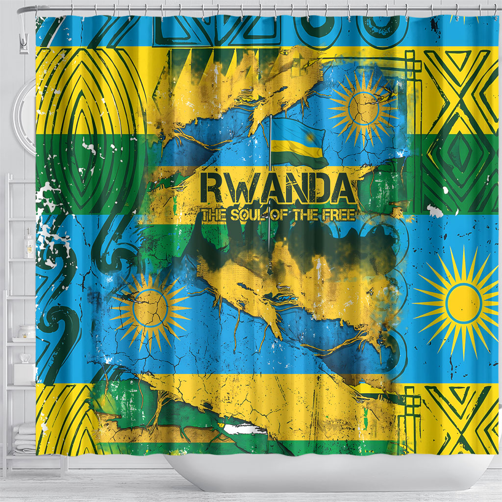 Rwanda Independence Day Shower Curtain Distressed Grunge Flag Design - Broken Chains And 1962 Graphic