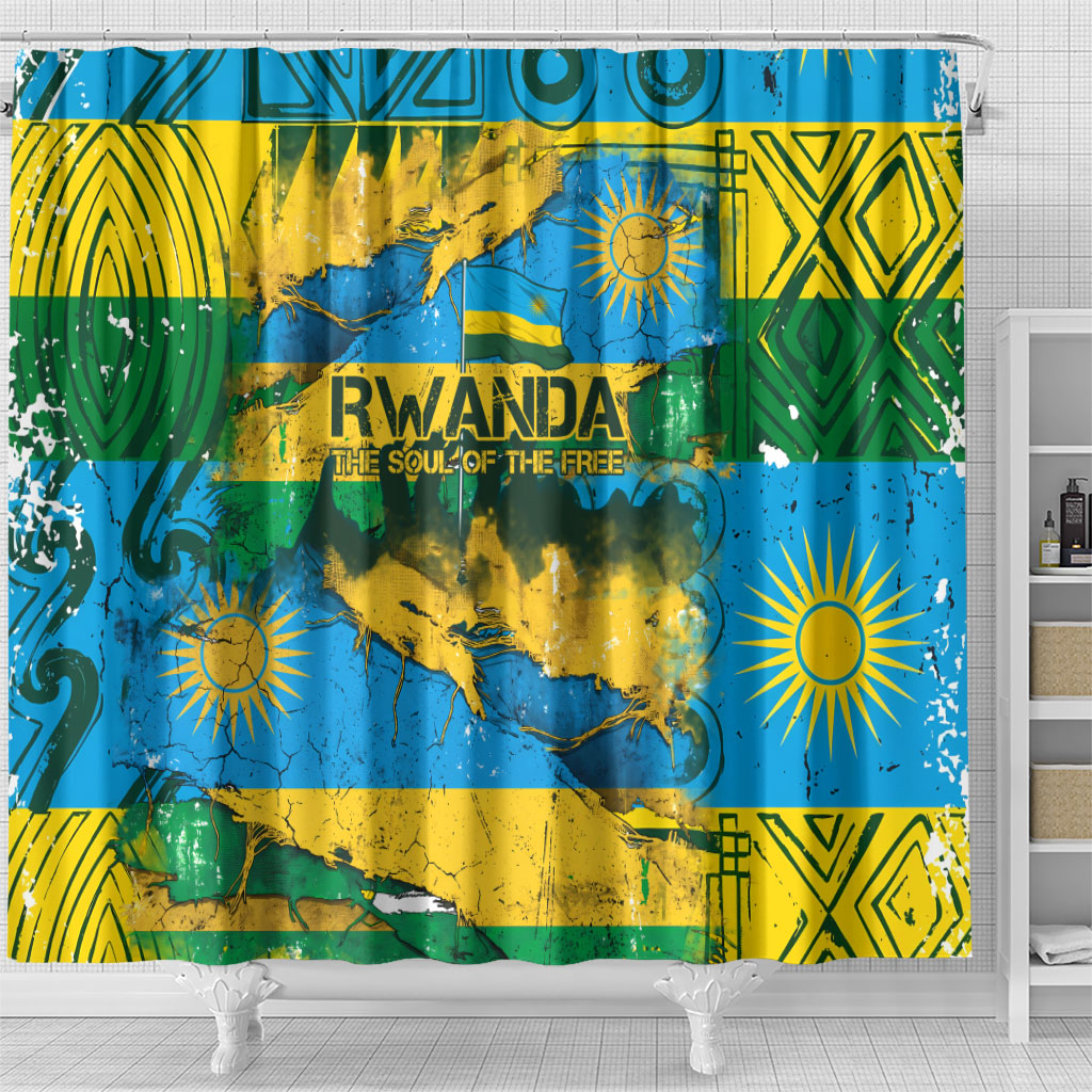 Rwanda Independence Day Shower Curtain Distressed Grunge Flag Design - Broken Chains And 1962 Graphic