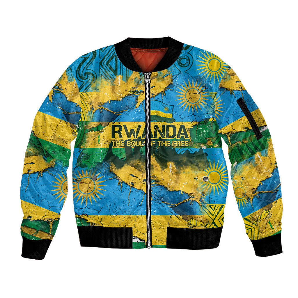 Rwanda Independence Day Sleeve Zip Bomber Jacket Distressed Grunge Flag Design - Broken Chains And 1962 Graphic