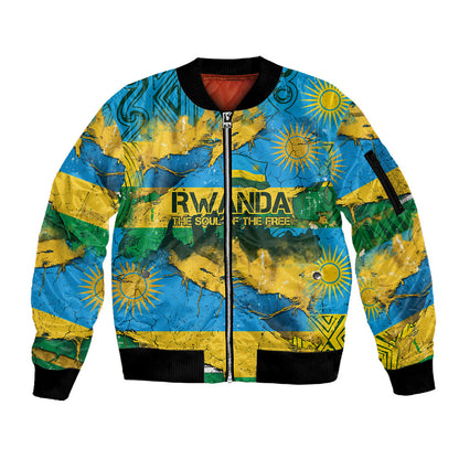 Rwanda Independence Day Sleeve Zip Bomber Jacket Distressed Grunge Flag Design - Broken Chains And 1962 Graphic