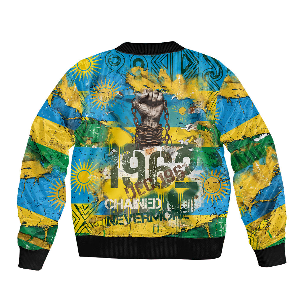 Rwanda Independence Day Sleeve Zip Bomber Jacket Distressed Grunge Flag Design - Broken Chains And 1962 Graphic