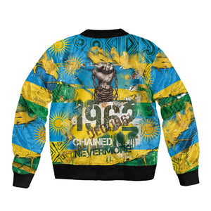 Rwanda Independence Day Sleeve Zip Bomber Jacket Distressed Grunge Flag Design - Broken Chains And 1962 Graphic